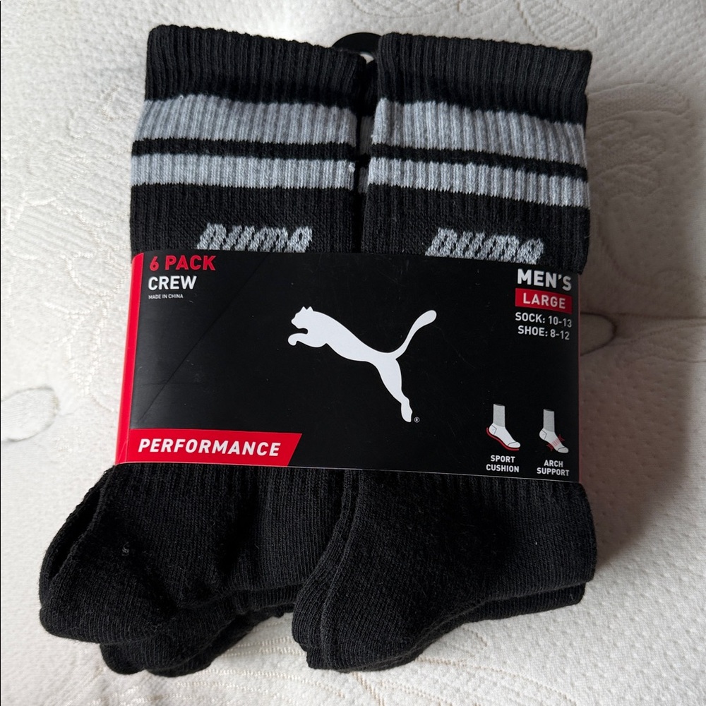 Puma Men's Black and Gray Crew Socks - 6 Pack